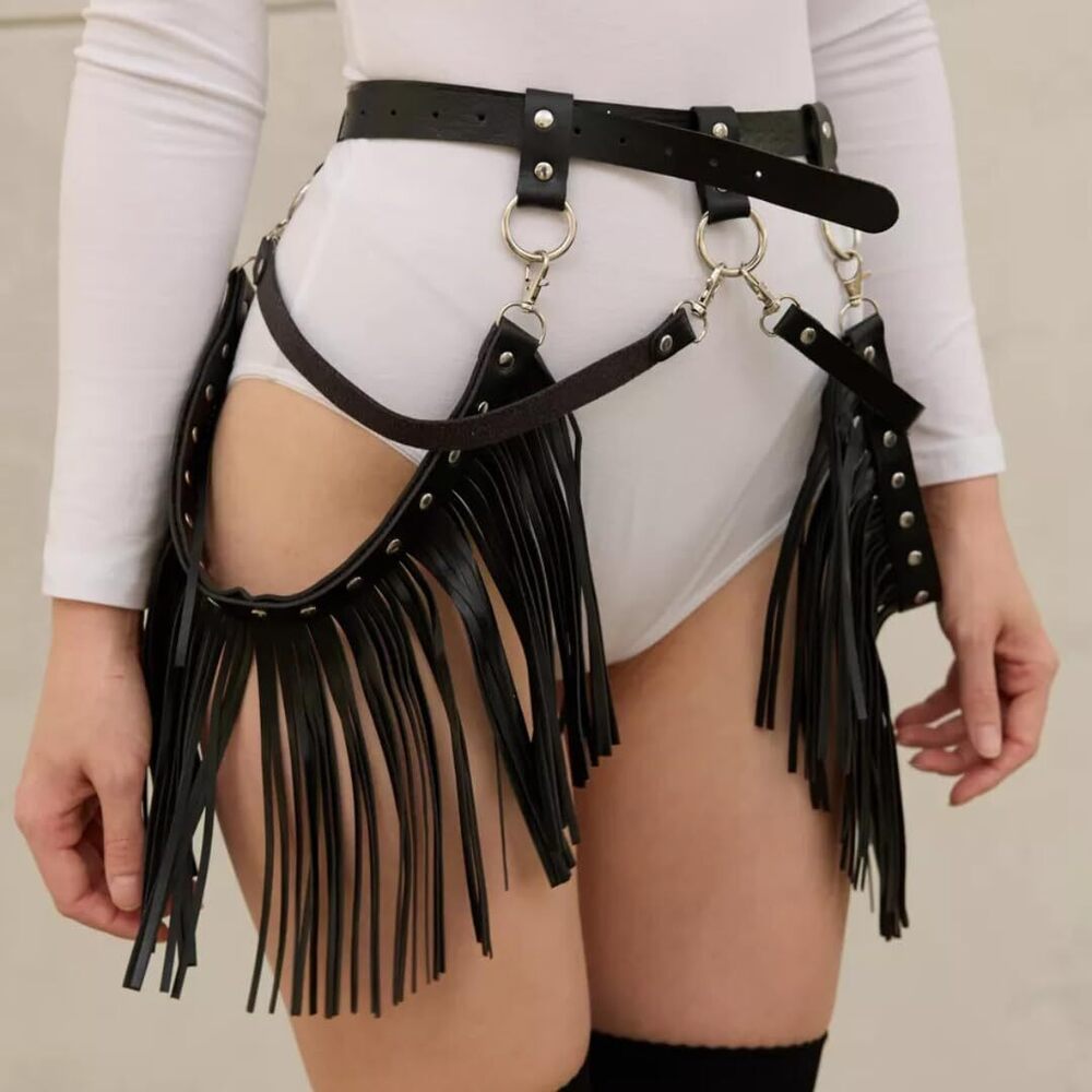 2298 Women Leather Tassel Waist Belt Gothic Fringe Long Punk - Picture 6 of 8